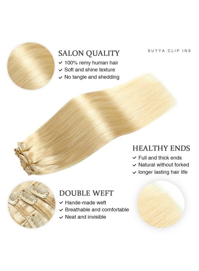 SUYYA Clip in Hair Extensions - Real Human Hair, Bleach Blonde, Straight, Double Weft Clip ins, 7pcs 110g (14 inches #613) - Image 3