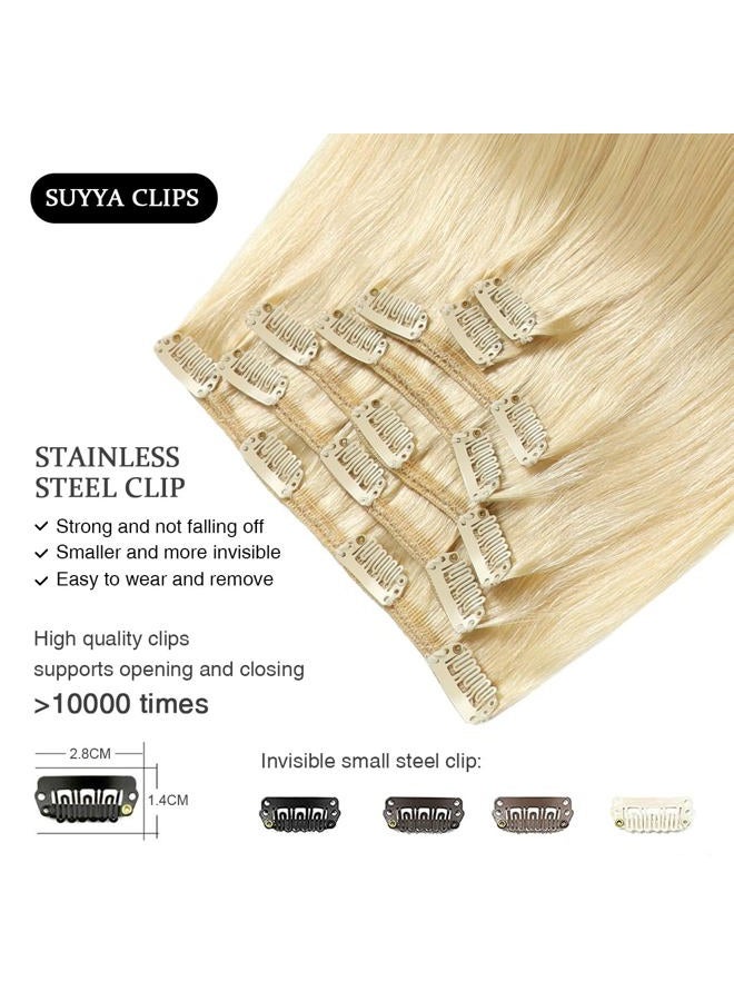 SUYYA Clip in Hair Extensions - Real Human Hair, Bleach Blonde, Straight, Double Weft Clip ins, 7pcs 110g (14 inches #613) - Image 4