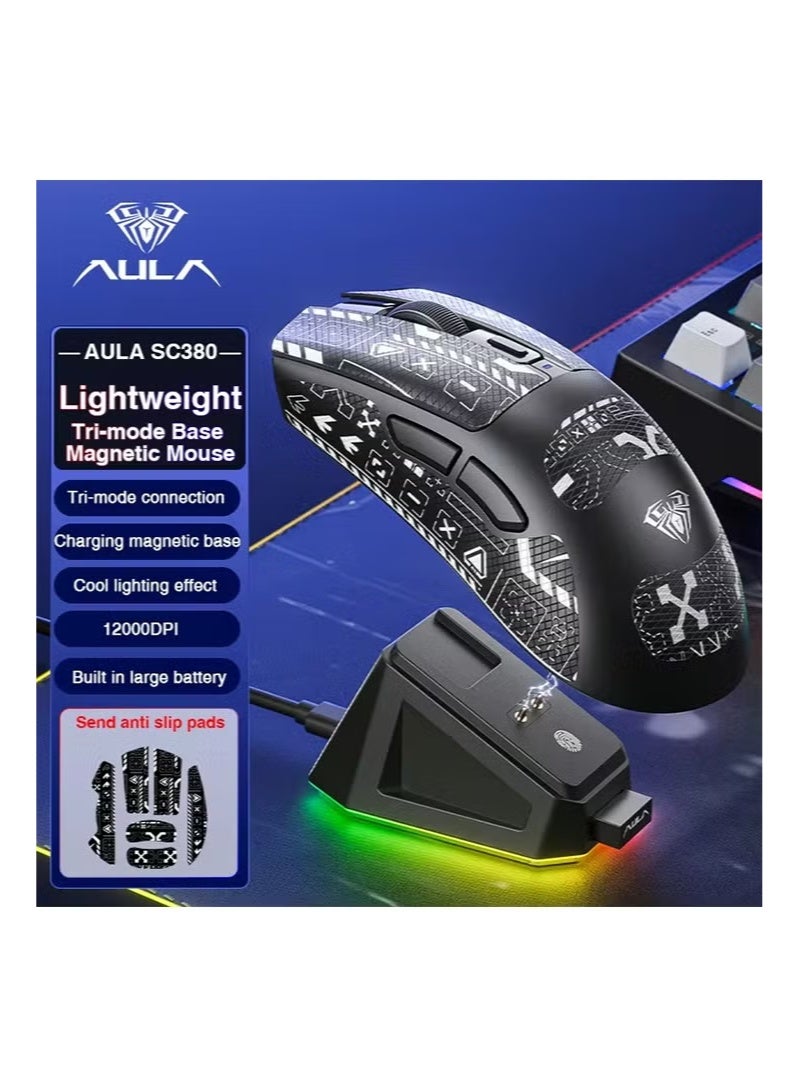أولا ماوس ألعاب عالي الدقة AULA SC380 ثلاثي الأوضاع 59 جرامًا خفيف الوزن للغاية مع قاعدة شحن مغناطيسية RGB - Image 1