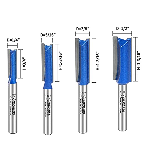 KOWOOD Plus Double Flute Straight Router Bit Set, 1/4 Inch Shank. Cutting Diameter in 1/4”, 5/16”, 3/8”, 1/2”. with Updated Kowood C3 Carbide. Great for Create Groove, dado or Hollow - Image 2
