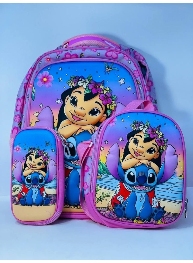 School bags, 3-in-1 bag, lunchbox, and pencil case. The bag has a raised front panel, is made of waterproof material, and comes in various colors and designs. The bag has 3 zippers. Bag size: 50 cm (18 inches). - Image 1