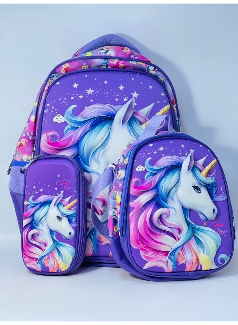 School bags, 3-in-1 bag, lunchbox, and pencil case. The bag has a raised front panel, is made of waterproof material, and comes in various colors and designs. The bag has 3 zippers. Bag size: 50 cm (18 inches). - Image 2