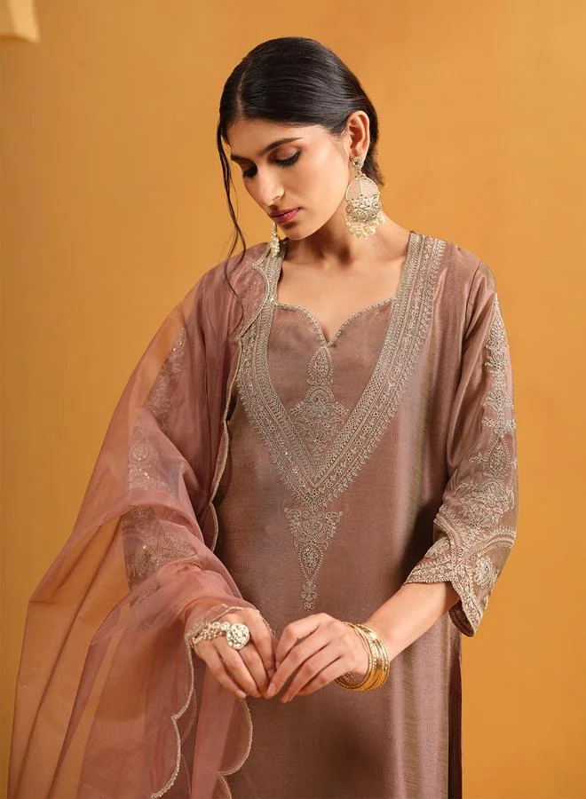 ISHIN Women's Brown Silk Blend Embellished A-Line Kaftan Upperwear Calf Length Palazzo Bottomwear Flowy 3 Peice Kurta Set