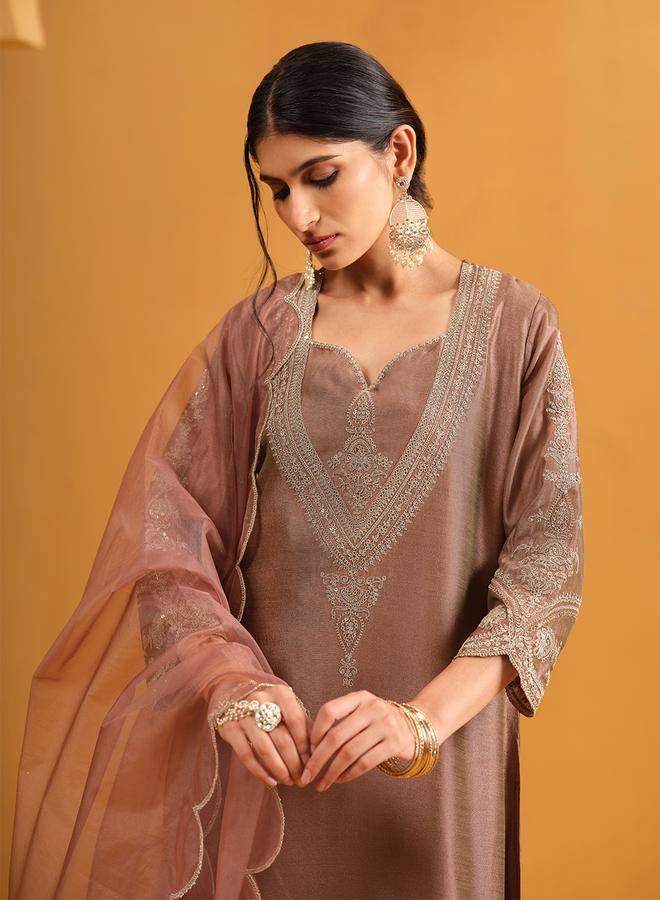 ISHIN Women's Brown Silk Blend Embellished A-Line Kaftan Upperwear Calf Length Palazzo Bottomwear Flowy 3 Peice Kurta Set - Image 5