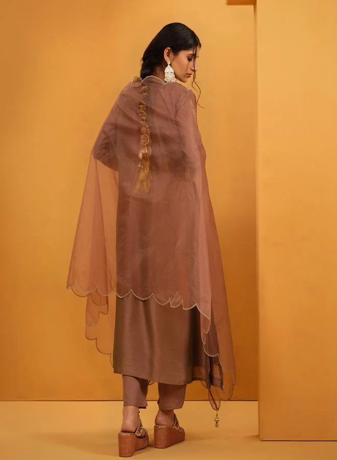 ISHIN Women's Brown Silk Blend Embellished A-Line Kaftan Upperwear Calf Length Palazzo Bottomwear Flowy 3 Peice Kurta Set
