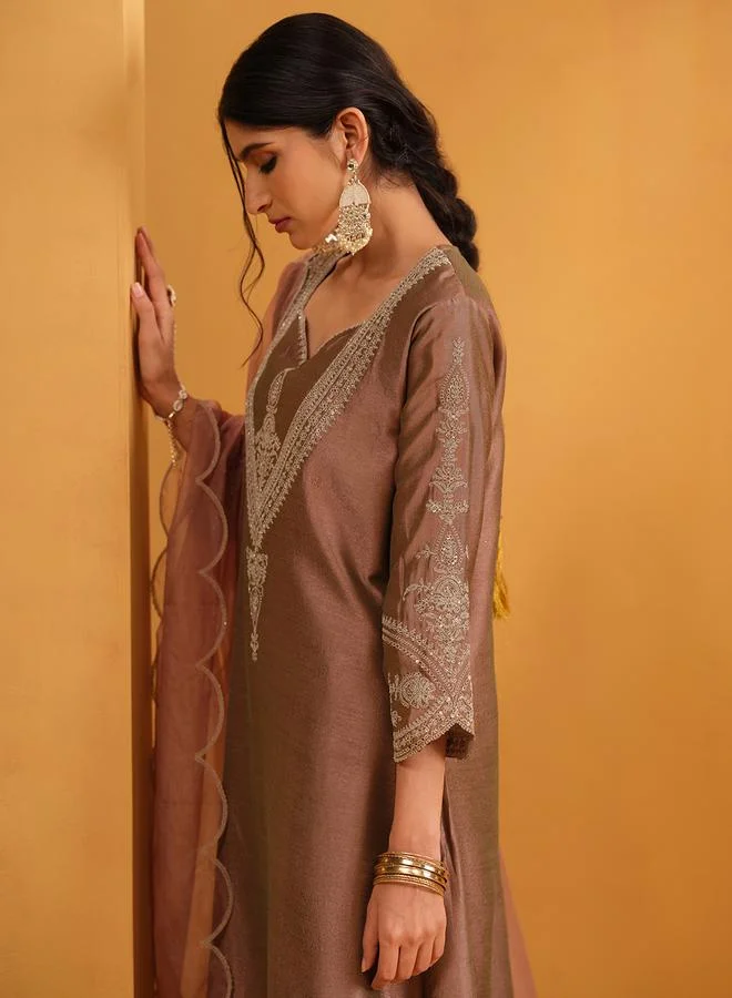 ISHIN Women's Brown Silk Blend Embellished A-Line Kaftan Upperwear Calf Length Palazzo Bottomwear Flowy 3 Peice Kurta Set