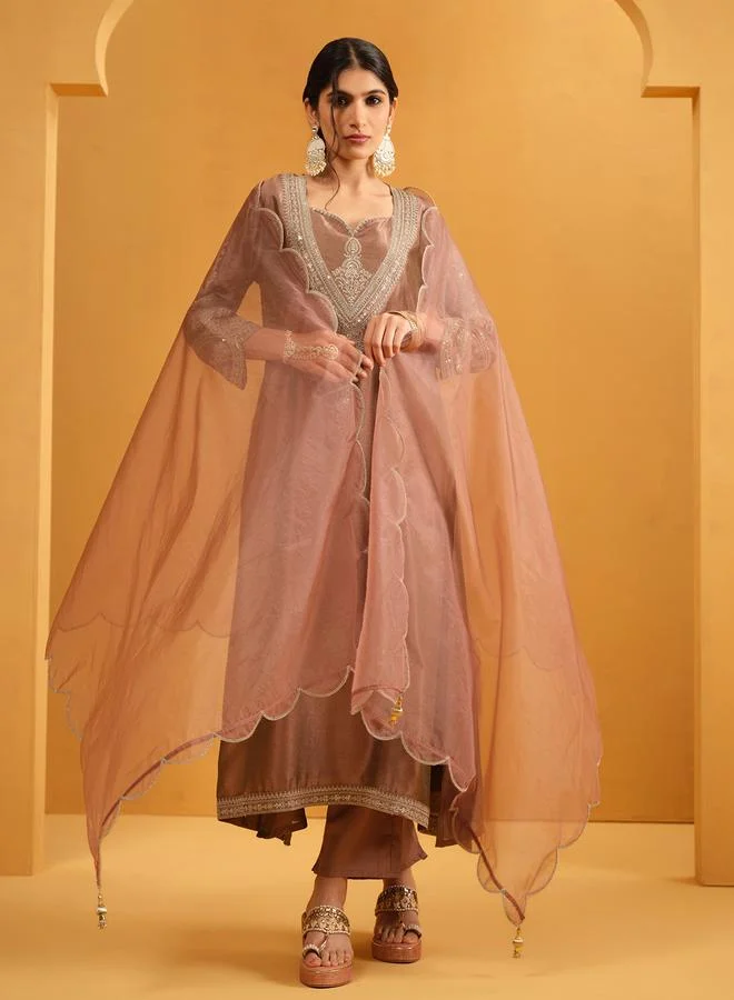 ISHIN Women's Brown Silk Blend Embellished A-Line Kaftan Upperwear Calf Length Palazzo Bottomwear Flowy 3 Peice Kurta Set
