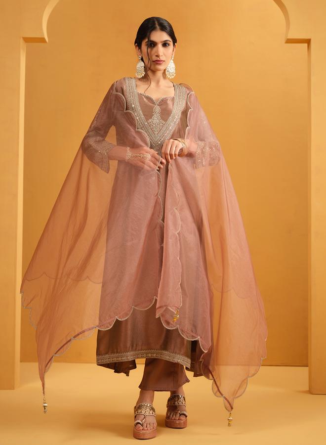 ISHIN Women's Brown Silk Blend Embellished A-Line Kaftan Upperwear Calf Length Palazzo Bottomwear Flowy 3 Peice Kurta Set - Image 1