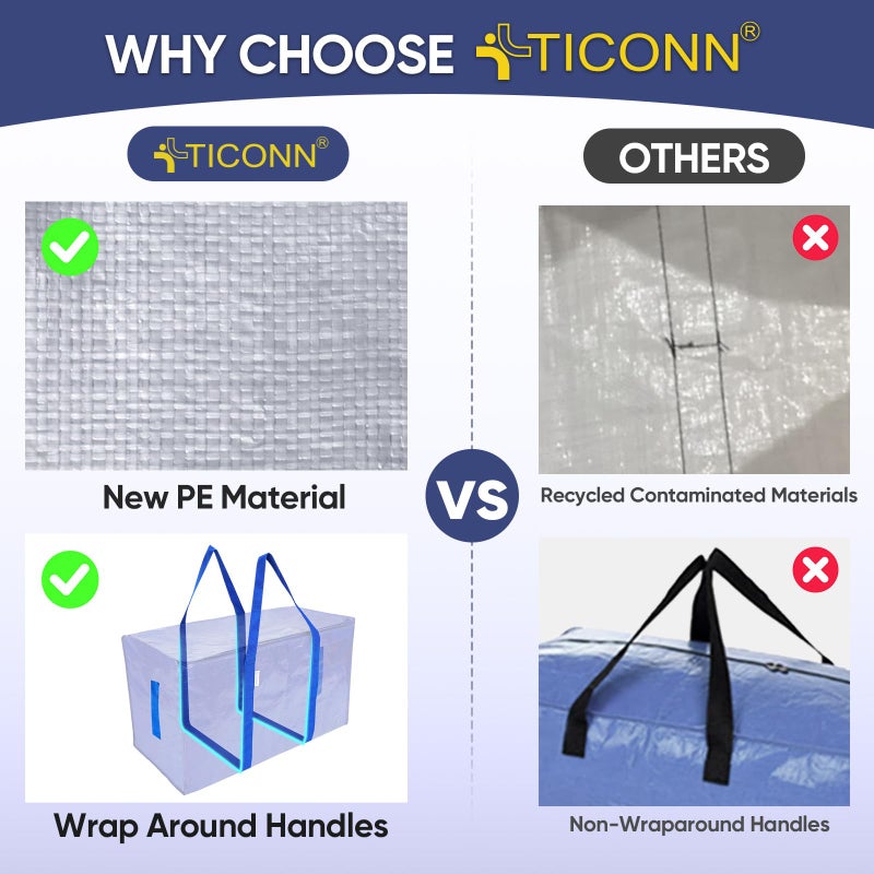 TICONN 4 Pack Extra Large Moving Bags Heavy Duty with Zippers & Carrying Handles, Durable Storage Bags Moving Boxes for Closet Organizers and Storage (4 Pack, Blue) - Image 2