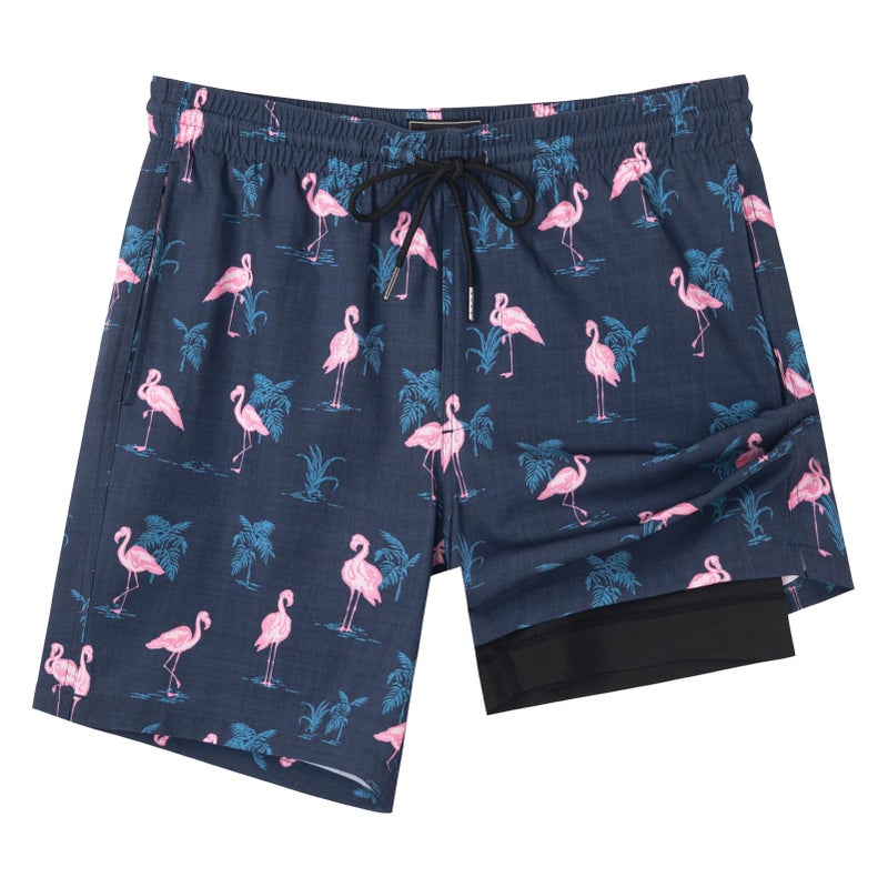 SURF CUZ Mens Swim Trunks with Compression Liner Quick Dry Swim Shorts 7" Swimming Trunks Stretch Bathing Suit 7 Inch,Flamingo-Black,L - Image 1
