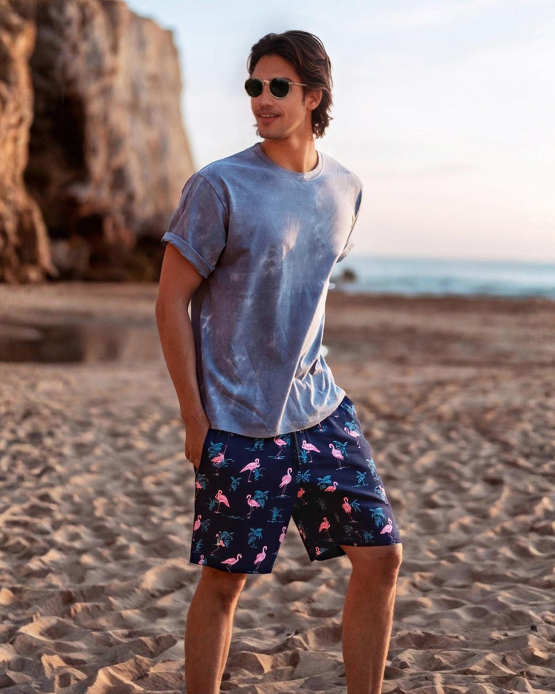 SURF CUZ Mens Swim Trunks with Compression Liner Quick Dry Swim Shorts 7" Swimming Trunks Stretch Bathing Suit 7 Inch,Flamingo-Black,L - Image 2