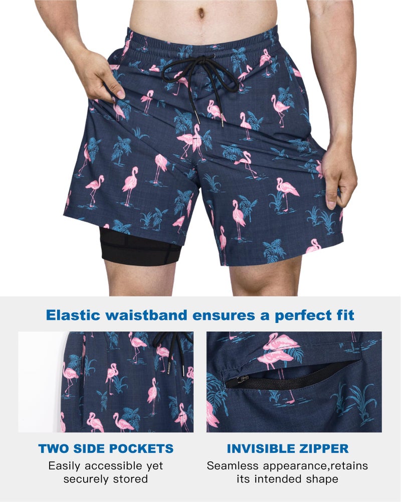 SURF CUZ Mens Swim Trunks with Compression Liner Quick Dry Swim Shorts 7" Swimming Trunks Stretch Bathing Suit 7 Inch,Flamingo-Black,L - Image 5