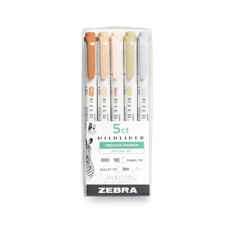 Zebra Pen Mildliner Double-Ended Highlighter Set  Broad and Fine Point Tips  No Bleed Bible Assorted Neutral Vintage Ink Colors  Model Number: 78605  5-Count  Pack of 1 - Image 1