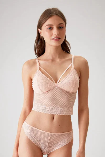 pierre cardin 4831 Women's Padded Non-Wireless Lace Bralette Bra Panty Set-Salmon