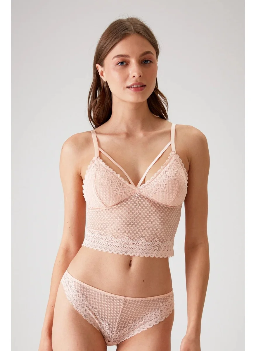 بيير كاردان 4831 Women's Padded Non-Wireless Lace Bralette Bra Panty Set-Salmon