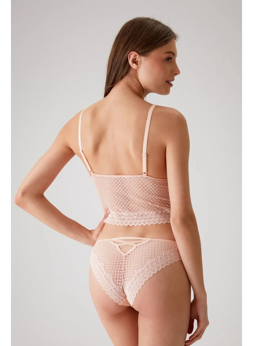 بيير كاردان 4831 Women's Padded Non-Wireless Lace Bralette Bra Panty Set-Salmon