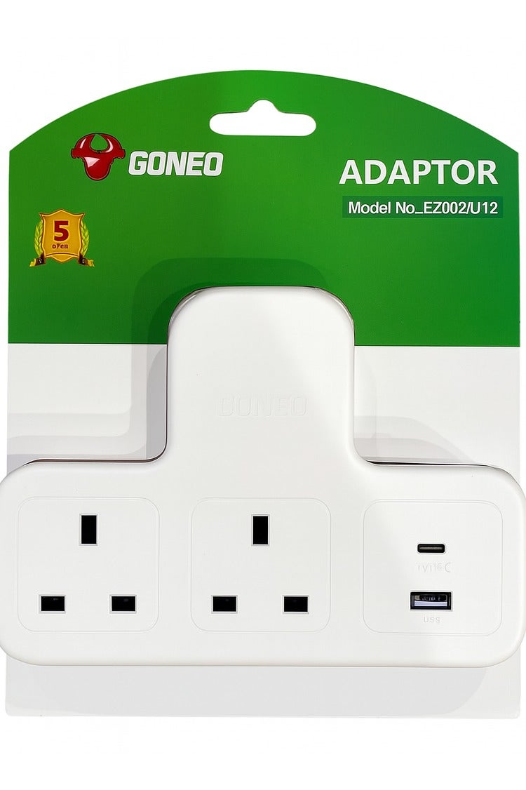 جونيو فيشة كهربائية ثنائية مع مخرج USB-A و USB-C بقدرة 3250 واط ومفتاح حماية، GONEO موديل EZ002U12 - حاصل على إشارة المطابقة الخليجية - معتمد SASO - أبيض - Image 1