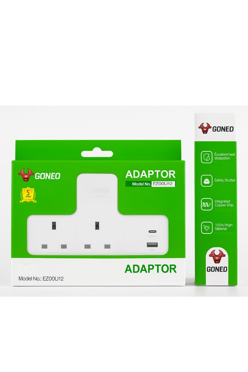 جونيو فيشة كهربائية ثنائية مع مخرج USB-A و USB-C بقدرة 3250 واط ومفتاح حماية، GONEO موديل EZ002U12 - حاصل على إشارة المطابقة الخليجية - معتمد SASO - أبيض - Image 3