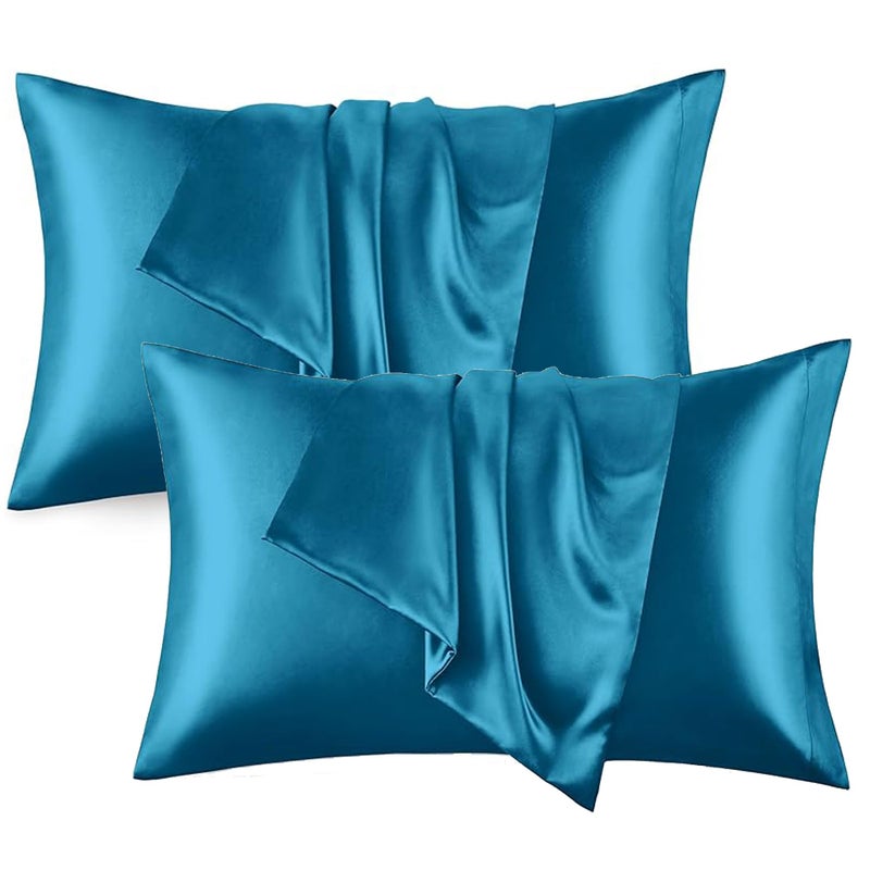 RAGGLE Set of 2 Satin Silk Pillowcase for Hair and Skin Standard Size 18"X 28" with Soft Breathable Smooth Cooling Pillow Covers for Sleeping or Pillow Protector (2, Teal Blue) - Image 3
