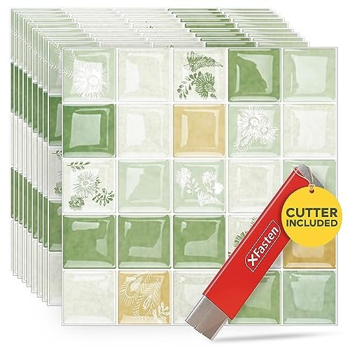 XFasten Square Peel and Stick Backsplash for Kitchen 10pcs 12” x 12” + Cutter Ornamental Tile Peel and Stick Tiles Stick on Self Adhesive Backsplash Tile for Kitchen and Bathroom - Image 1