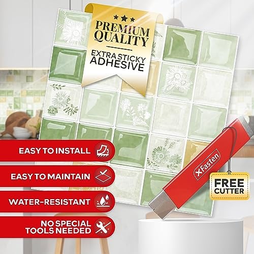 XFasten Square Peel and Stick Backsplash for Kitchen 10pcs 12” x 12” + Cutter Ornamental Tile Peel and Stick Tiles Stick on Self Adhesive Backsplash Tile for Kitchen and Bathroom - Image 2