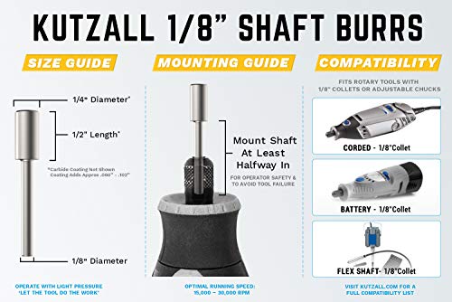 Kutzall Original Cylinder Rotary Burr, 1⁄8" Shaft, Fine - Wood Carving Bit for Dremel, Foredom, DeWalt, Milwaukee. Abrasive Tungsten Carbide, 1⁄4" (6.3mm) Dia. X 1⁄2" (12.7mm) Length, C-14-EG - Image 3
