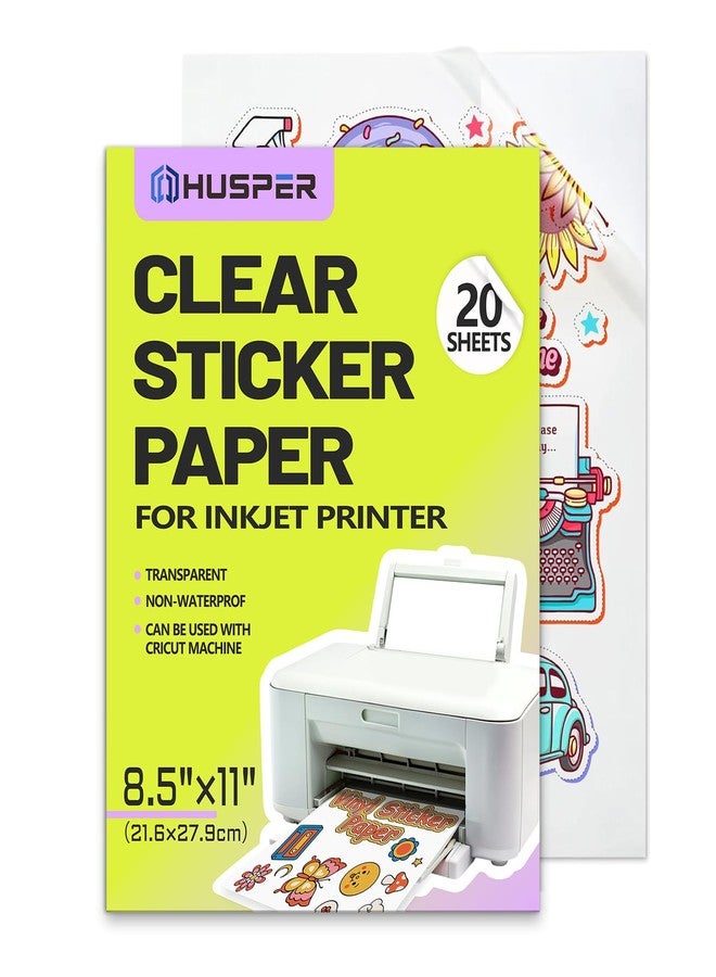 HUSPER Clear Sticker Paper for Inkjet Printer (20 Sheets) - Transparent Glossy 8.5 x 11 - Printable Vinyl Sticker Paper - Image 1