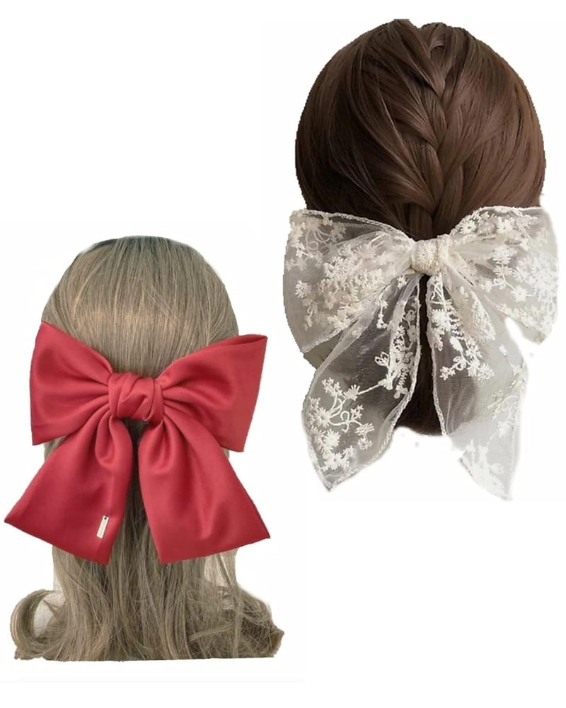IBDA Fairy Style Red and White Pack of 02 Hair Ties Ponytail Holder Handmade with Bobble Hair BandAlligator Clip RubberElastic Head Band Accessories - Image 1