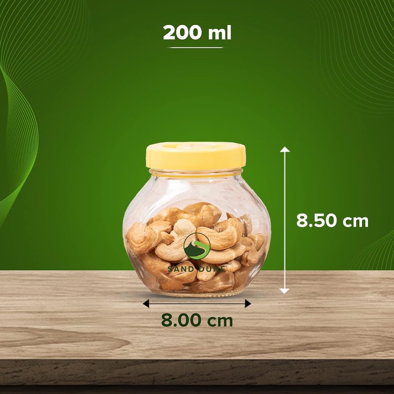 SAND DUNE Set of 4 200 ml Each Storage Glass Jar Yellow Plastic Cap Transparent BPA Free Aachar Pickle Dry Fruits Masala Spices and dals - Image 5