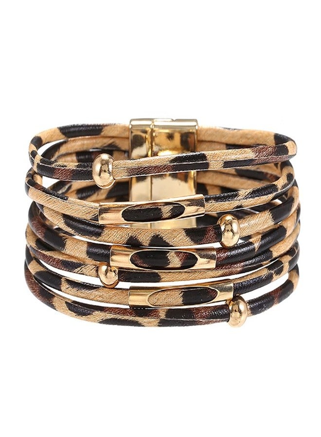 ZMANYIJEW Leather Wrap Bracelets for Women,Boho Cuff Bracelets Multi-Layer Crystal Beads Cuff Bracelet Multilayered Leopard Leather Braided Bangle Wrist Cuff Bangles (Leopard) - Image 1