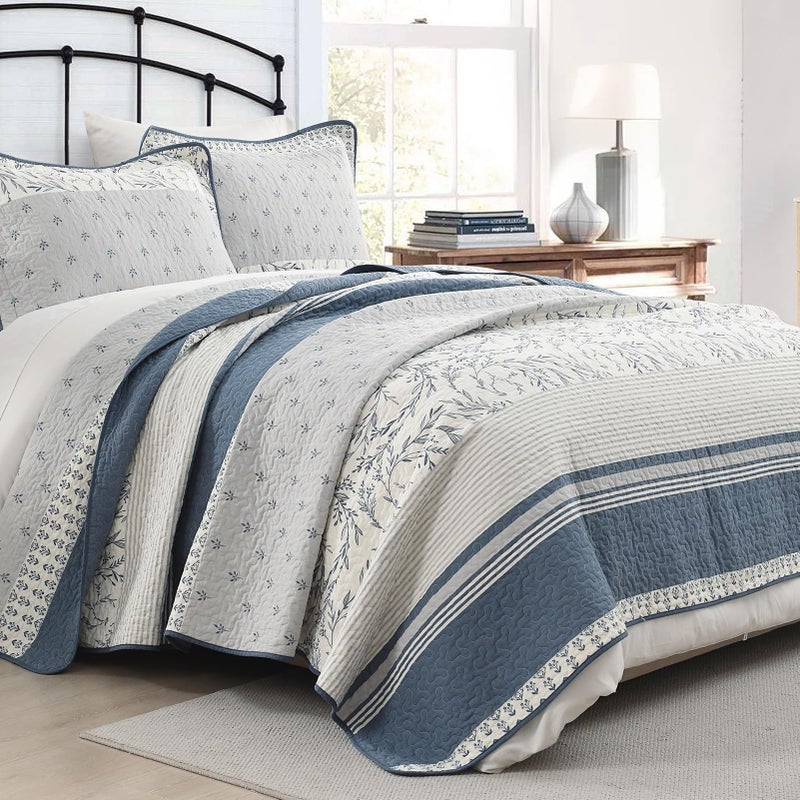 DDUOXIN 100% Cotton King Quilt - Modern Stripe Botanical Quilts with 2 Pillow Shams, Bedspread Reversible Lightweight Thin Comforter Bedding Set for All Seasons, Moonlight Blue/Gray/Off White - Image 3