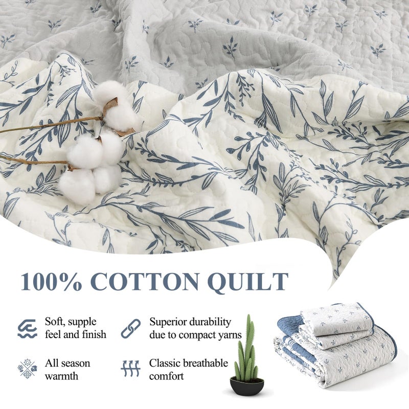 DDUOXIN 100% Cotton King Quilt - Modern Stripe Botanical Quilts with 2 Pillow Shams, Bedspread Reversible Lightweight Thin Comforter Bedding Set for All Seasons, Moonlight Blue/Gray/Off White - Image 4