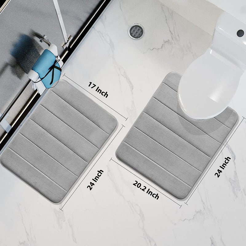 Onlyeasy 2 Piece Memory Foam Bath Mat Set, 16x24 + 24x20 U-Shaped Bathroom Rugs, Toilet Mat, Water Absorption, Non Slip, Thick, Dry Fast (Grey) - Image 2