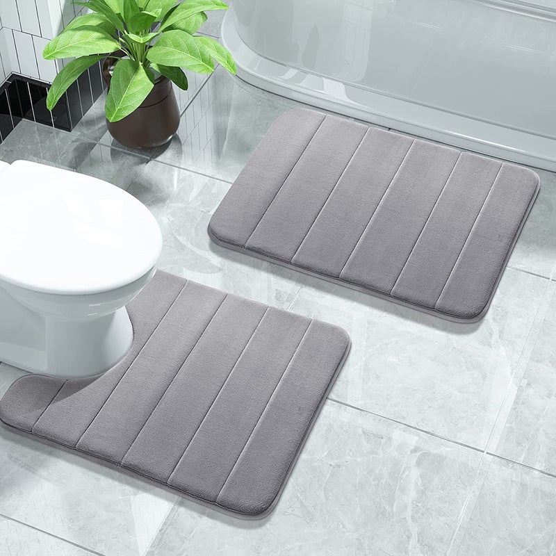 Onlyeasy 2 Piece Memory Foam Bath Mat Set, 16x24 + 24x20 U-Shaped Bathroom Rugs, Toilet Mat, Water Absorption, Non Slip, Thick, Dry Fast (Grey) - Image 1