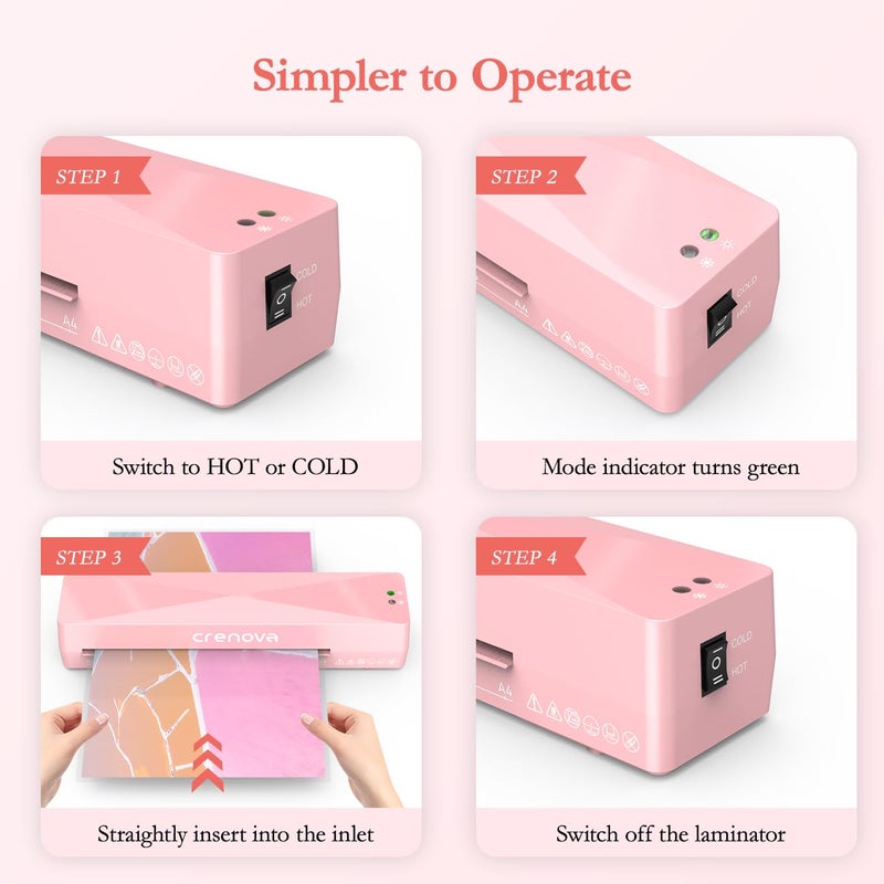 Crenova A4 Laminator Machine 4 in 1 Personal Desktop Hot & Cold with 10 Laminating Pouches No Bubbles 9 Inch Thermal Laminator for Home Office School Business Use Pink - Image 5