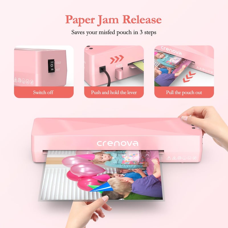 Crenova A4 Laminator Machine 4 in 1 Personal Desktop Hot & Cold with 10 Laminating Pouches No Bubbles 9 Inch Thermal Laminator for Home Office School Business Use Pink - Image 3