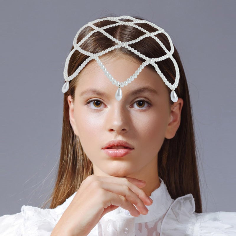 HLTOO 1920s White Pearl Cap Headpiece, Roaring 20s Headbands for women, Head Chain Hair Accessories, for Wedding Bridal Cosplay Halloween Art Decor Party - Image 3