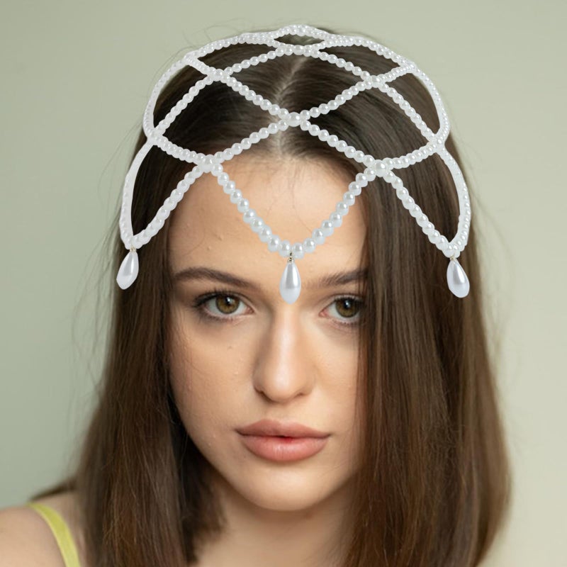 HLTOO 1920s White Pearl Cap Headpiece, Roaring 20s Headbands for women, Head Chain Hair Accessories, for Wedding Bridal Cosplay Halloween Art Decor Party - Image 5