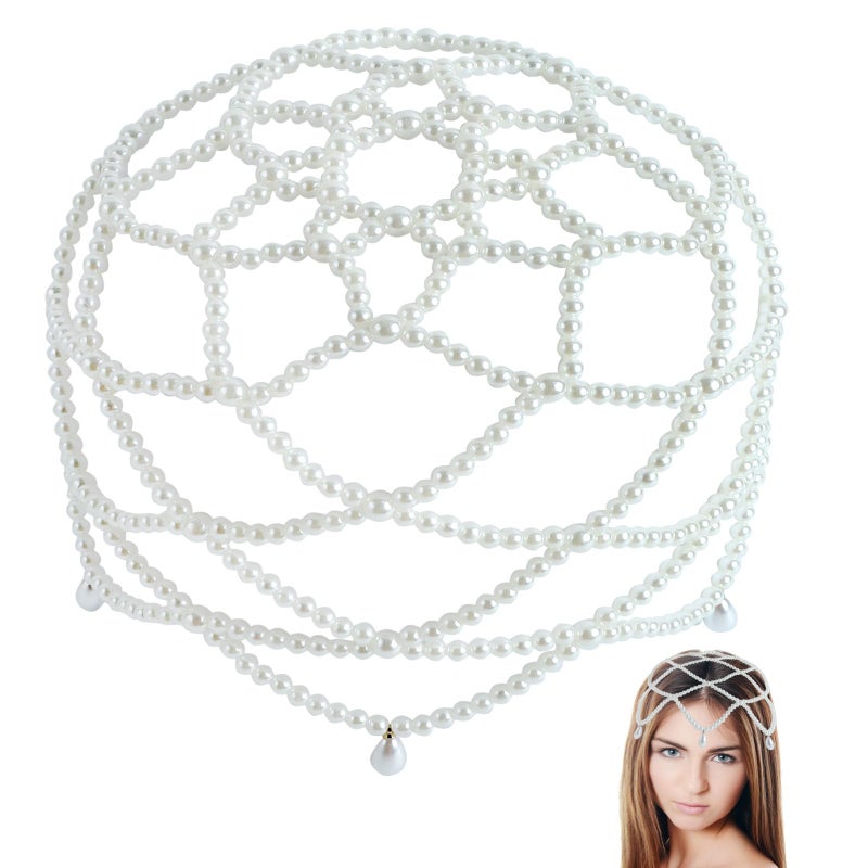 HLTOO 1920s White Pearl Cap Headpiece, Roaring 20s Headbands for women, Head Chain Hair Accessories, for Wedding Bridal Cosplay Halloween Art Decor Party - Image 1