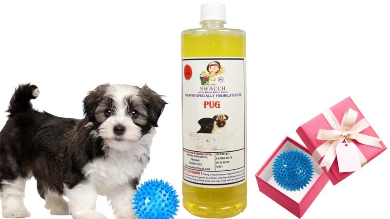 swacch Shampoo | Puppy Safe Shampoo | PH Balanced | Ditch to Itch for Pug Dog Shampoo 1 Litre (Lemon) + Spike Ball Chew Toy Combo Pack - Image 1