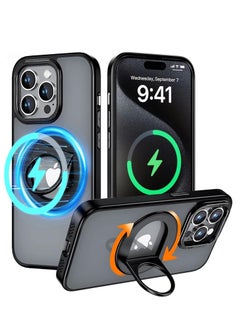 ESCASE Compatible with Magnetic iphone 15 Pro Case, Swivel Cutout Ring Holder Compatible with MagSafe, Shockproof Translucent Matte Back Protective，for iphone 15 Pro (2023) 6.1" Cover Black  - Image 1