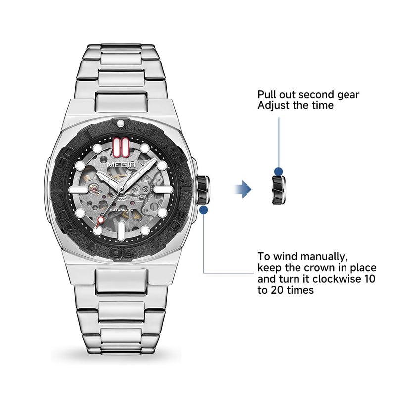 MEGIR Men's Automatic Watch with Mechanical Movement & Exhibition Back, 40mm Alloy Case, Mineral Crystal, Stainless Steel Butterfly Clasp Band, Luminous Hands, 3ATM Water Resistant,Stylish Gift (Silver) - Image 2