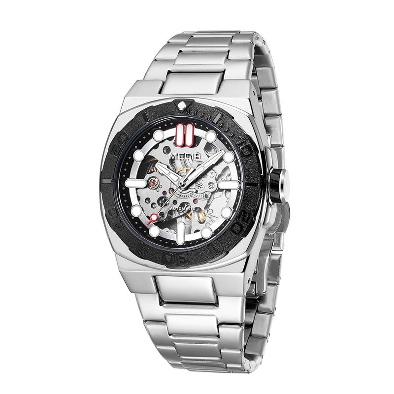 MEGIR Men's Automatic Watch with Mechanical Movement & Exhibition Back, 40mm Alloy Case, Mineral Crystal, Stainless Steel Butterfly Clasp Band, Luminous Hands, 3ATM Water Resistant,Stylish Gift (Silver) - Image 5