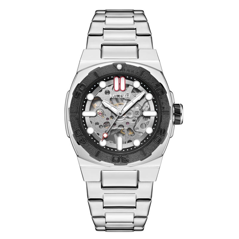 MEGIR Men's Automatic Watch with Mechanical Movement & Exhibition Back, 40mm Alloy Case, Mineral Crystal, Stainless Steel Butterfly Clasp Band, Luminous Hands, 3ATM Water Resistant,Stylish Gift (Silver) - Image 1
