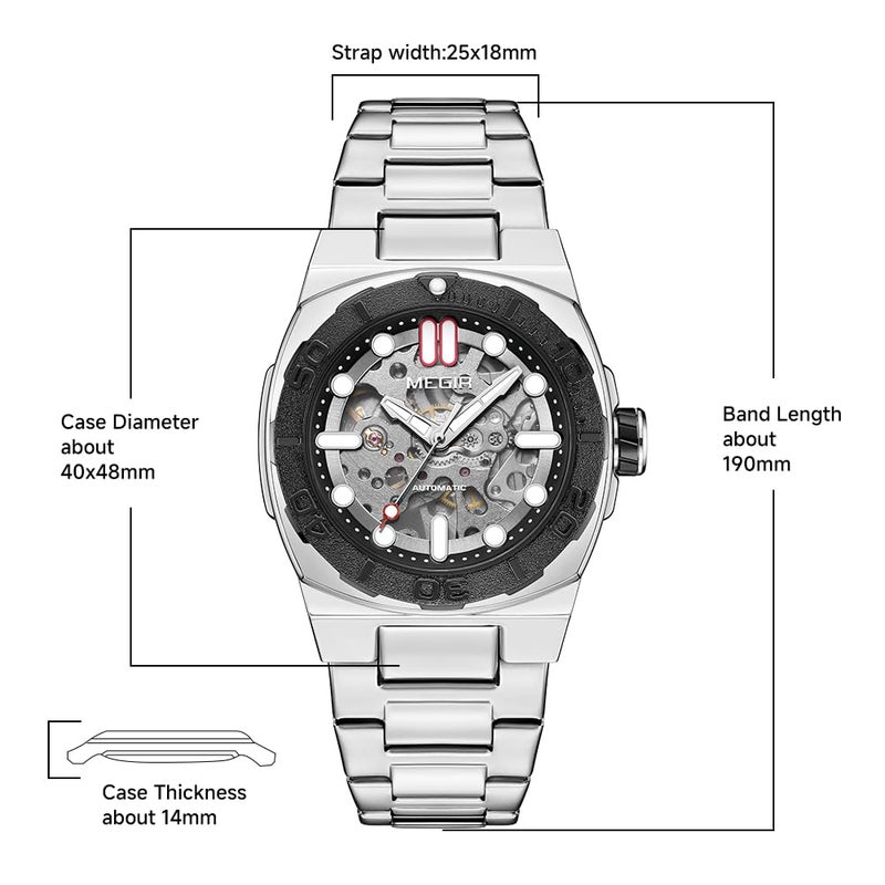 MEGIR Men's Automatic Watch with Mechanical Movement & Exhibition Back, 40mm Alloy Case, Mineral Crystal, Stainless Steel Butterfly Clasp Band, Luminous Hands, 3ATM Water Resistant,Stylish Gift (Silver) - Image 3