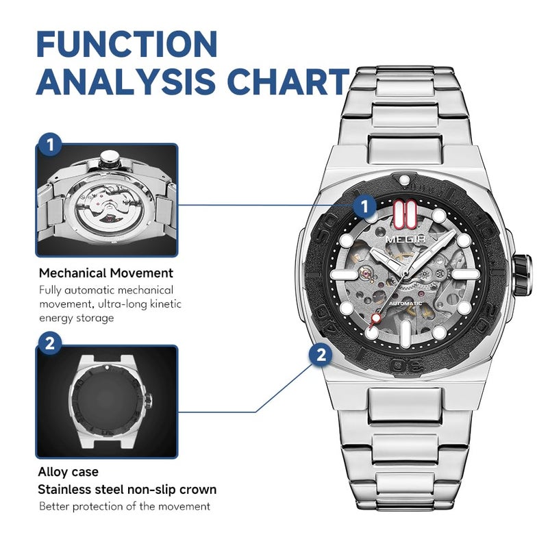 MEGIR Men's Automatic Watch with Mechanical Movement & Exhibition Back, 40mm Alloy Case, Mineral Crystal, Stainless Steel Butterfly Clasp Band, Luminous Hands, 3ATM Water Resistant,Stylish Gift (Silver) - Image 4