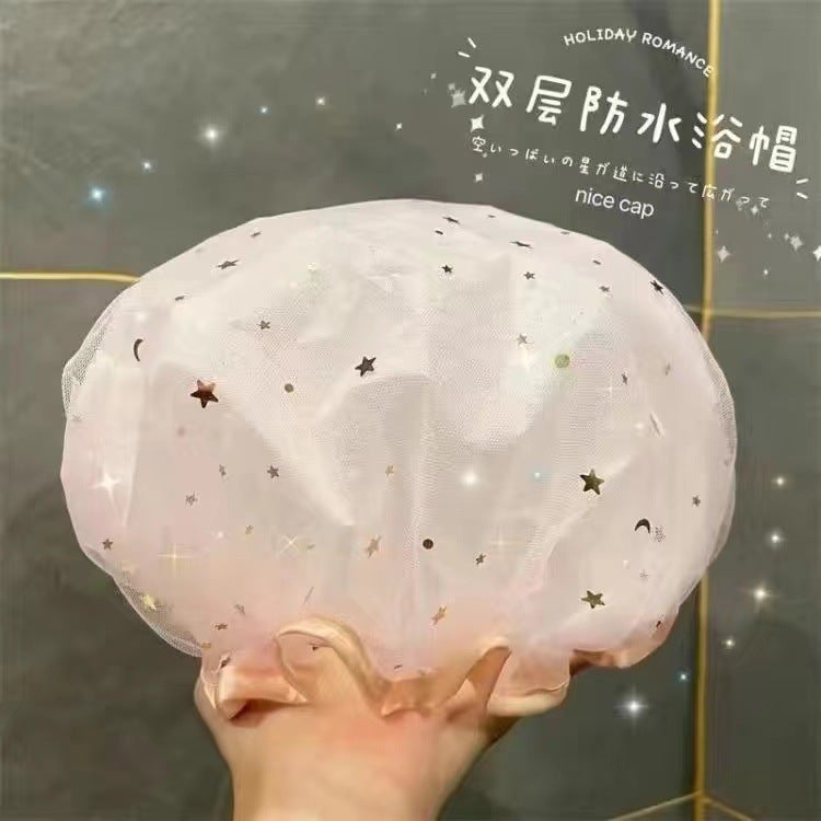 Shower Cap Womens Waterproof Bathing Household Special Makeup Kitchen Fume Dust-proof Headgear Adult Thickened Headgear Star Powder 