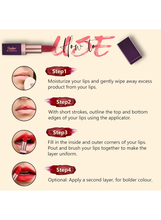 Dazller Eterna Lip Eleganz Lipstick, Matte, Smudge-proof, Feather-proof, With Herbal Extracts, 4g, M1017 - Bacon Pink - Image 3