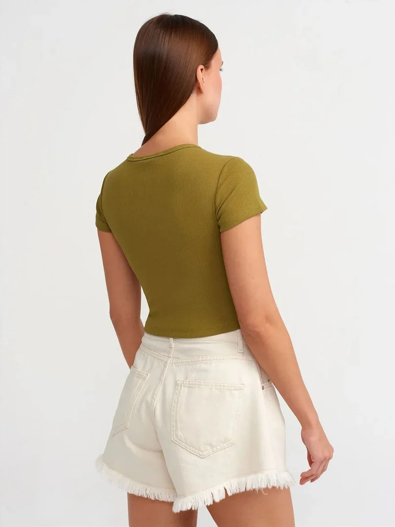ديلفين DILVIN Women's Cropped Slim-fit Crew Neck T-shirt