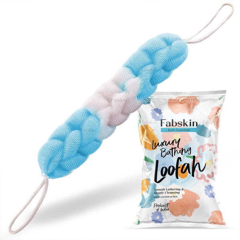 Fabskin حزام فاب سكين الفاخر لفرك الظهر لوفا للاستحمام للرجال والنساء - إسفنجة استحمام قابلة للتمدد بـ 9 عقد (أزرق) - Image 1